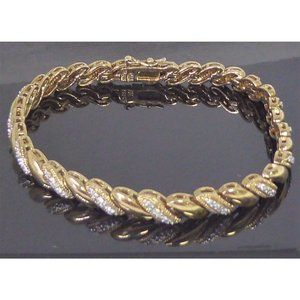 Pretty Gold On Sterling Silver Slant Link Bracelet With CZ's Signed WM